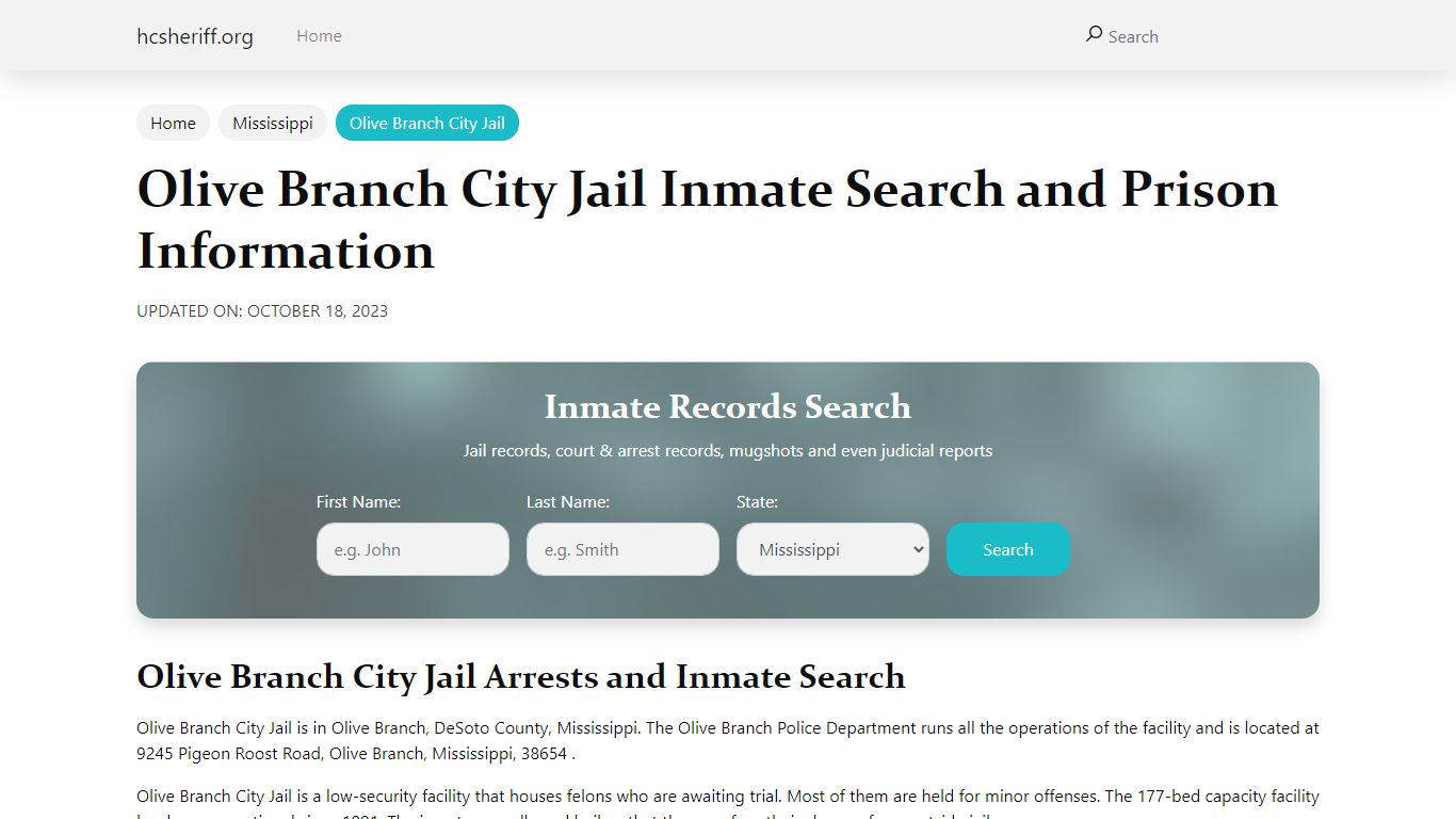 Olive Branch City Jail Inmate Search and Prison Information