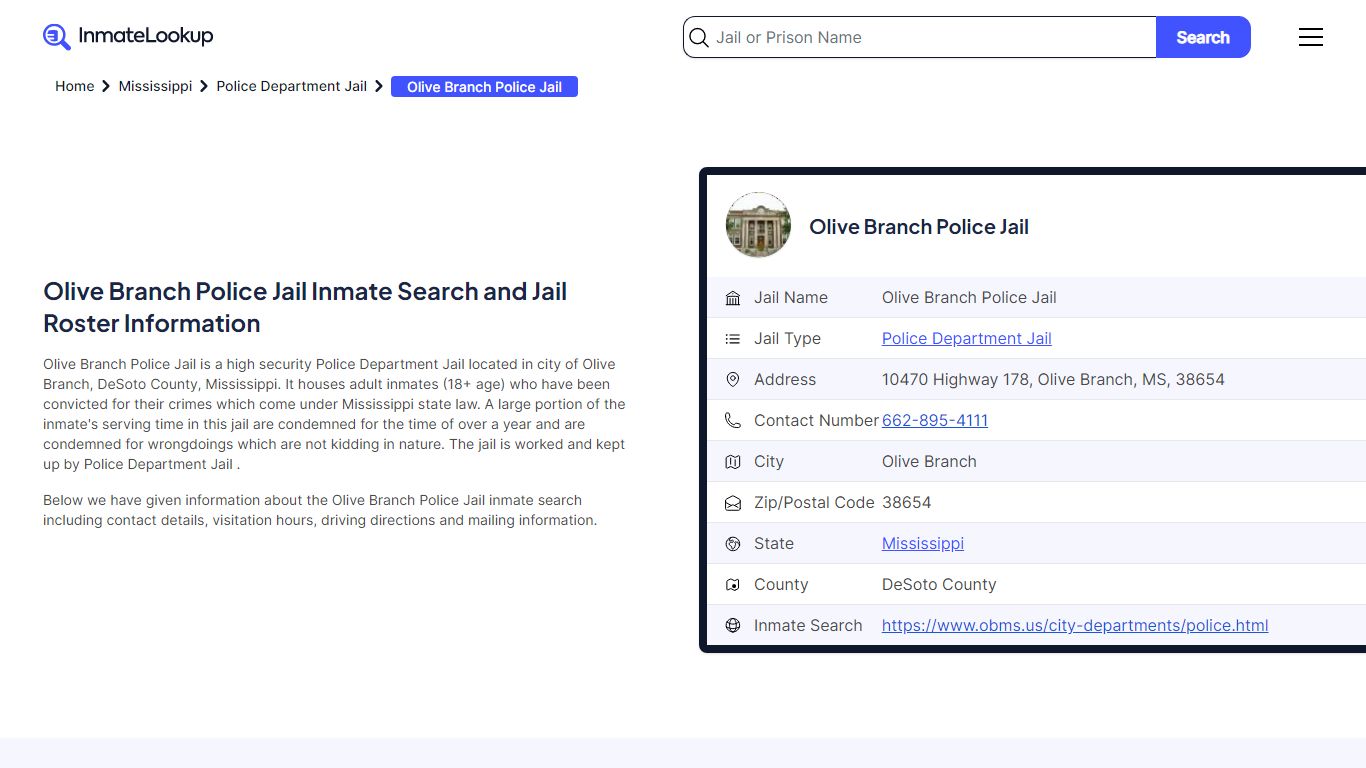 Olive Branch Police Jail (MS) Inmate Search Mississippi - Inmate Lookup